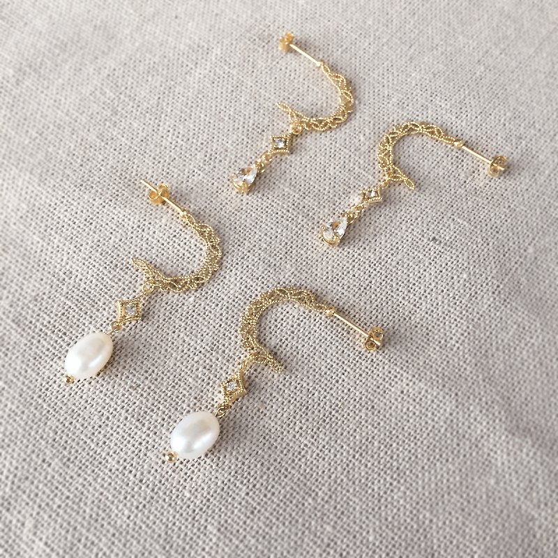 蕾丝新月 | 金色蕾丝水滴锆石巴洛克珍珠耳环 (925银针) - 耳环/耳夹 - 珍珠 金色