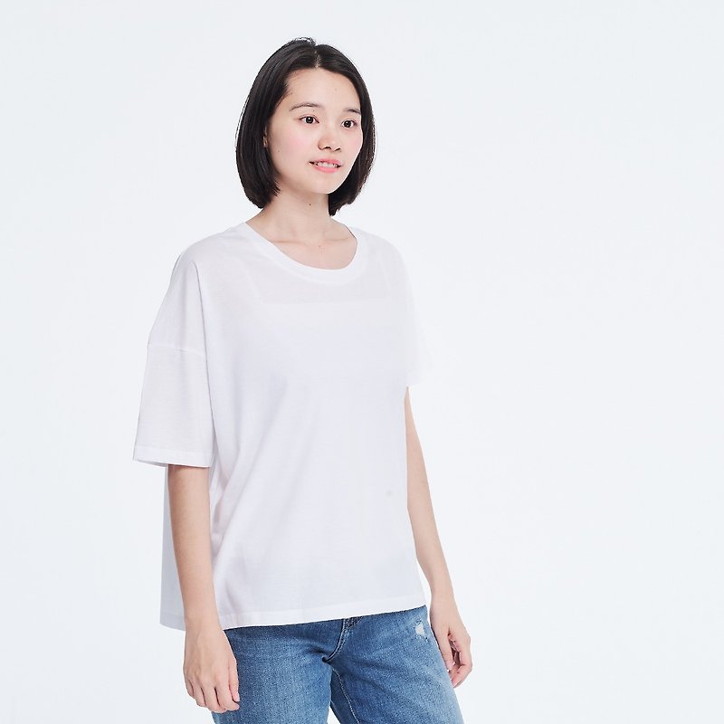 珠光棉不對稱TEE/純白 - 女装 T 恤 - 棉．麻 白色
