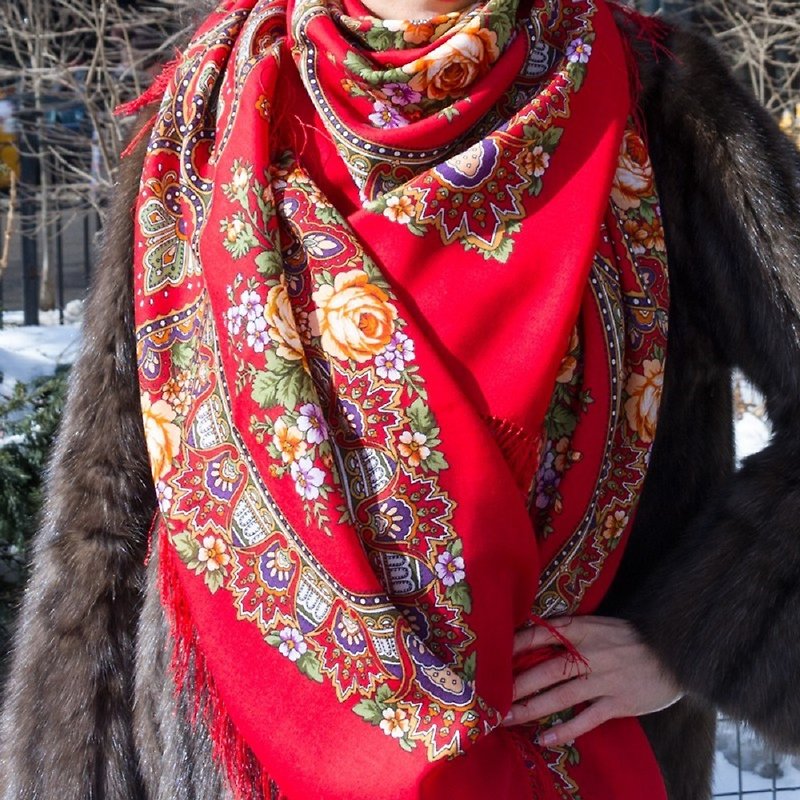 Pavlovo Posad 俄罗斯披肩 100% 羊毛围巾 146x146 厘米包裹式丝绸流苏 1121-3 - 丝巾 - 羊毛 红色