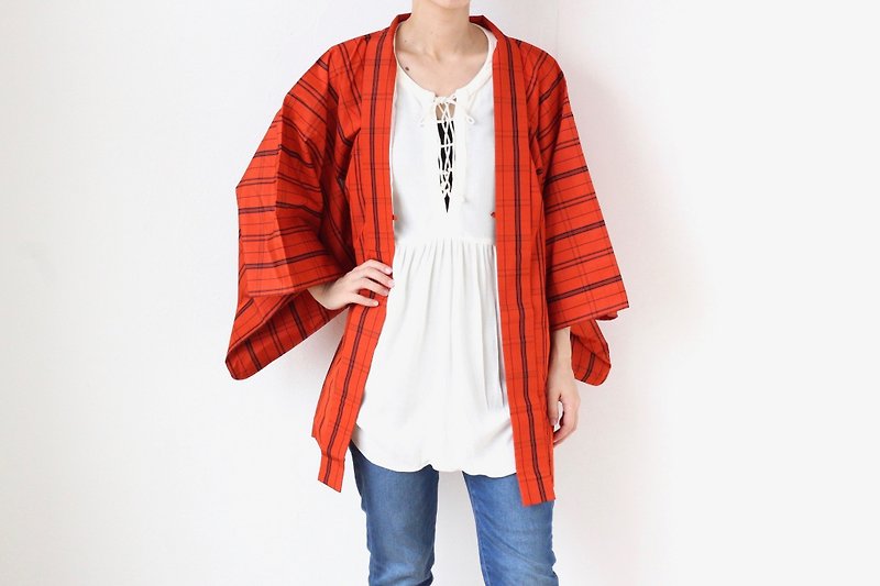plaid kimono, kimono jacket, authentic kimono, Japanese fashion /3864 - 女装休闲/机能外套 - 聚酯纤维 橘色