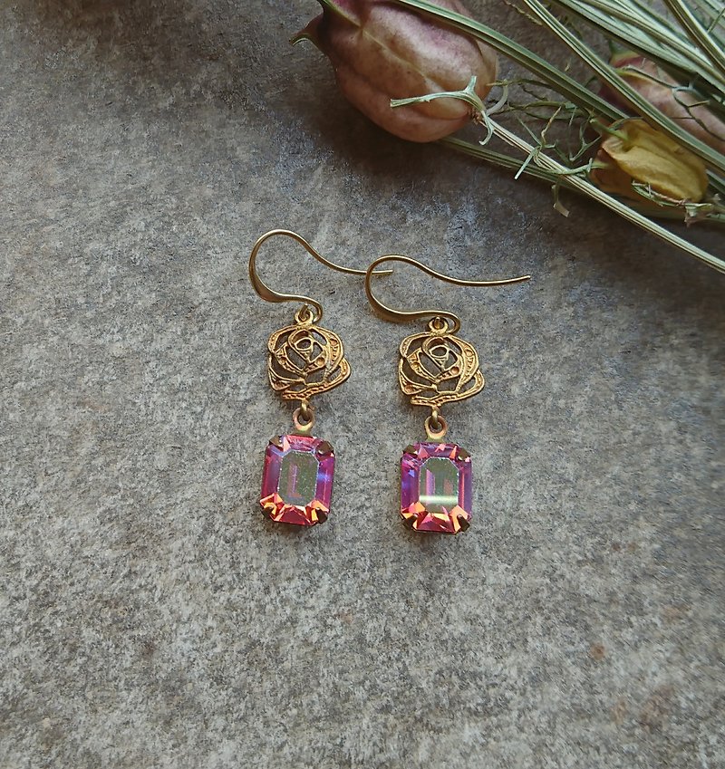 玫瑰色古董Swarovski耳环 - 耳环/耳夹 - 玻璃 粉红色