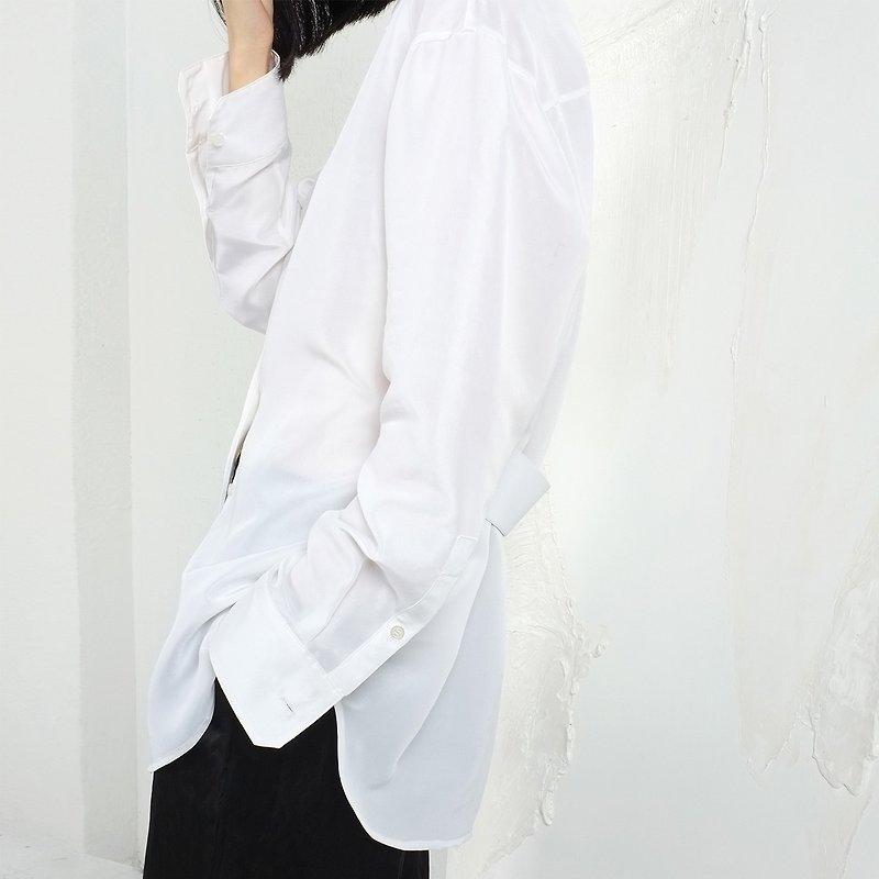 杲果/GAOGUO原创设计师女装品牌 极简真丝廓形收腰长袖白衬衫上衣 - 女装衬衫 - 丝．绢 白色