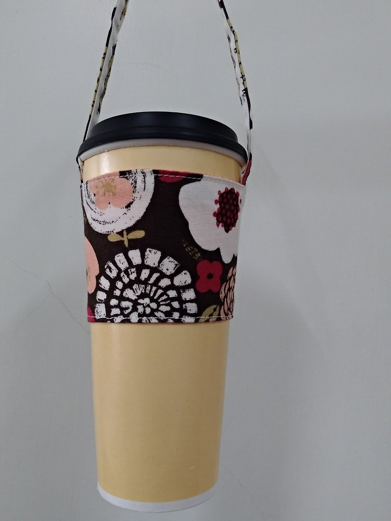 饮料杯套 环保杯套 手摇饮料袋 咖啡袋 手提袋-几何花花(咖啡红) - 随行杯提袋/水壶袋 - 棉．麻 