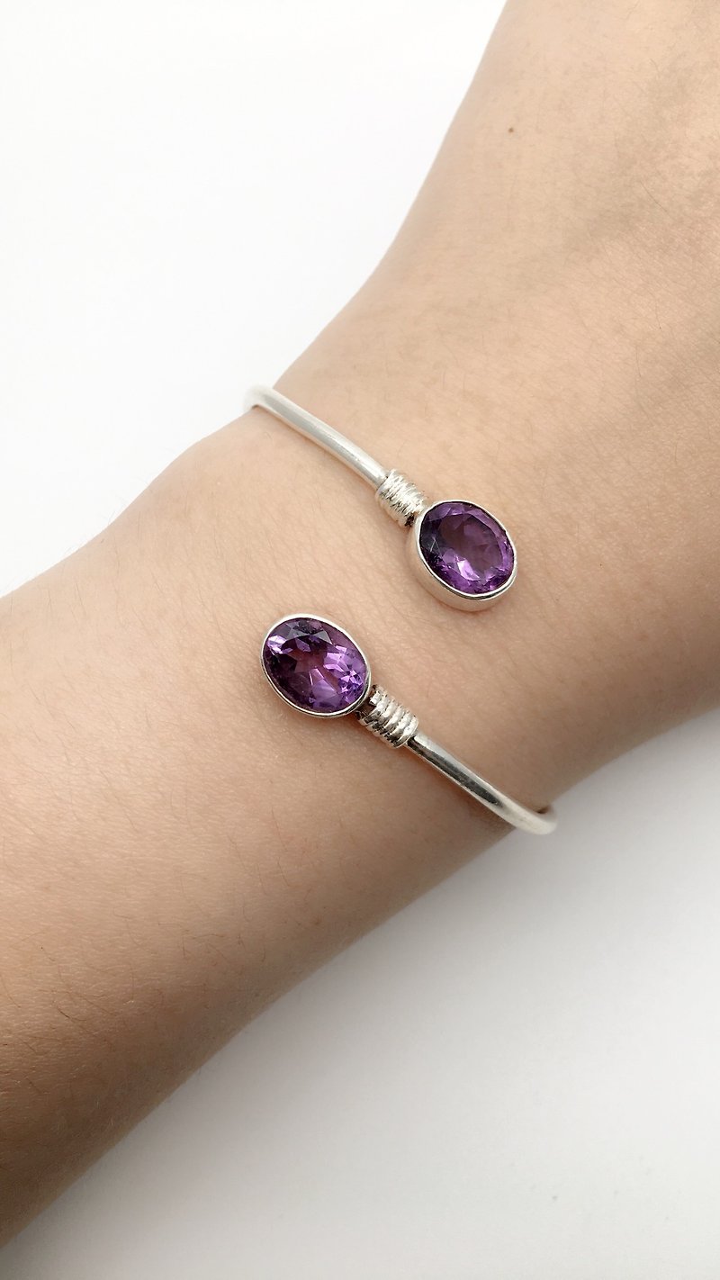 紫水晶925纯银双宝石设计手环 尼泊尔手工银饰 - 手链/手环 - 宝石 银色