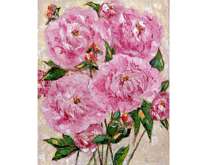 牡丹画花原创艺术花卉墙壁艺术花瓶中的粉红色牡丹 20x16 英寸 - 墙贴/壁贴 - 其他材质 粉红色