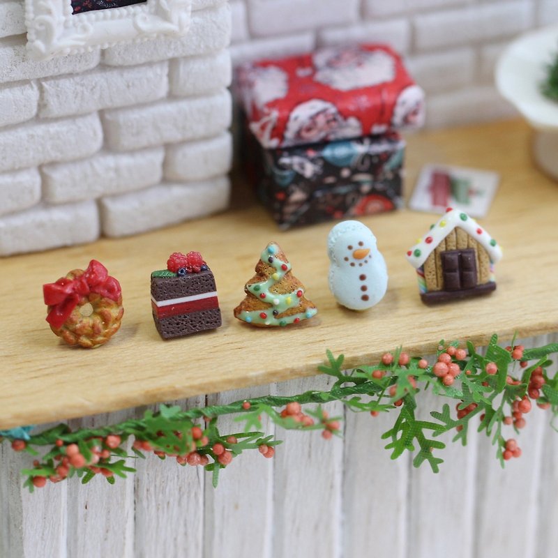 袖珍圣诞甜点套组-贴耳Miniature Christmas Dessert Earring Set - 耳环/耳夹 - 粘土 多色