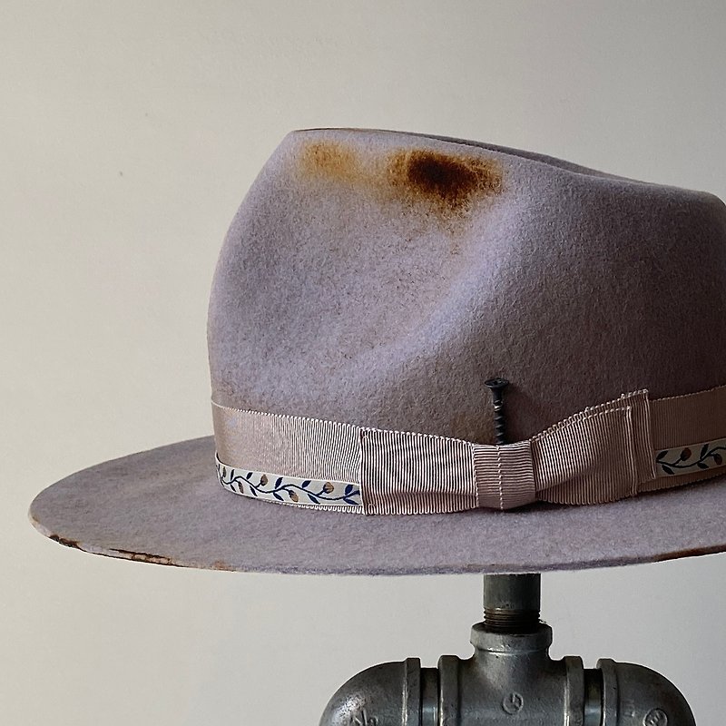 HYOKOU 手工 绅士帽-紫灰色+防旧+双缎带 - 帽子 - 羊毛 灰色