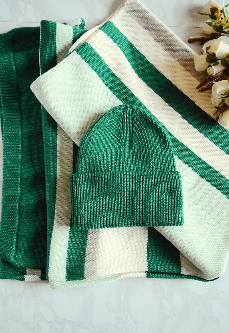 翻领帽子围巾-祖母绿针织套装 - 帽子 - 羊毛 绿色