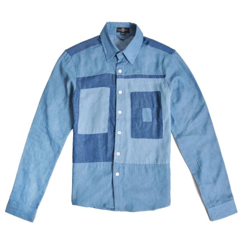 几何剪裁拼接长袖衬衫-牛仔蓝 - 男装衬衫 - 棉．麻 蓝色