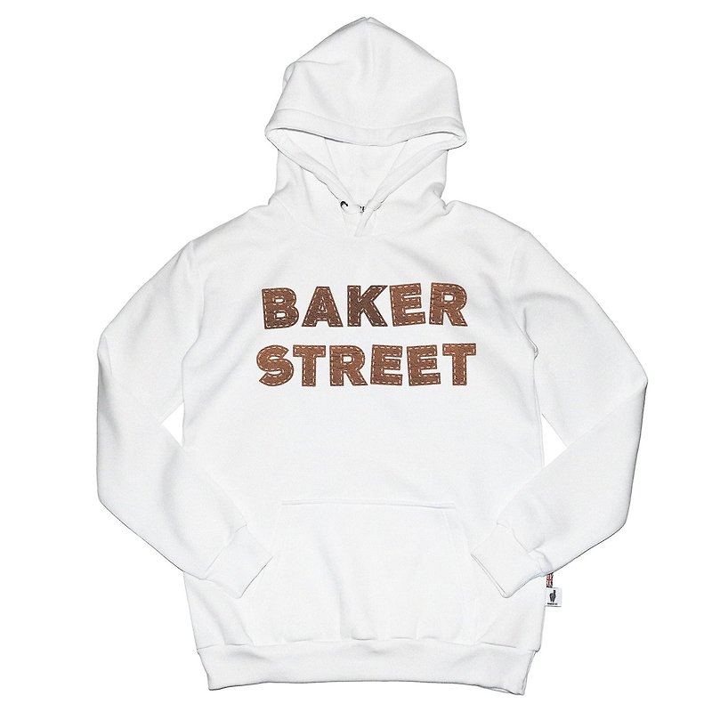 【英国Baker Street 贝克街】中性款 - 纯棉帽T - 皮革文字 - 中性连帽卫衣/T 恤 - 棉．麻 白色