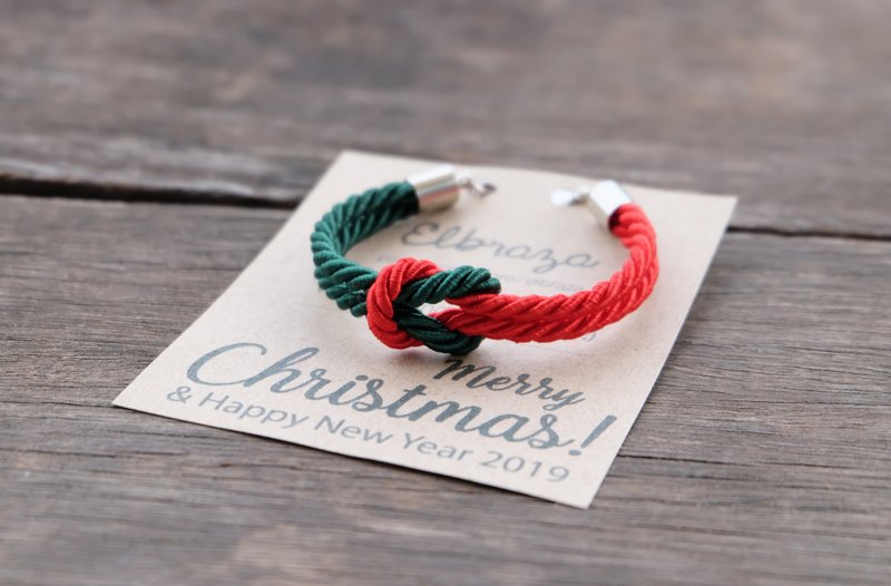 Red / Dark green knot rope bracelet  - Christmas bracelet - 手链/手环 - 其他材质 红色