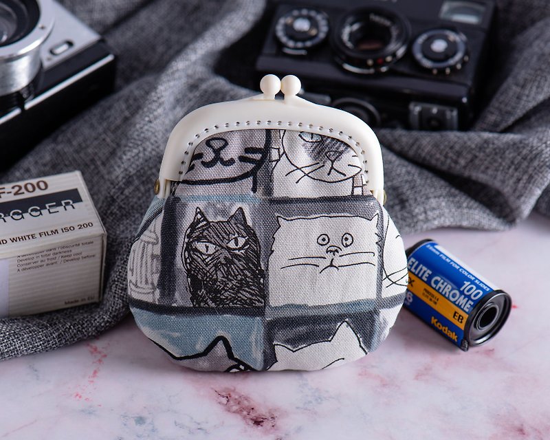 【小猫咪肖像画】零钱包#小口金包#可爱#日系#收纳 - 零钱包 - 棉．麻 灰色
