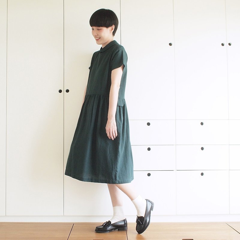 polish linen gathered dress : green - 洋装/连衣裙 - 棉．麻 绿色