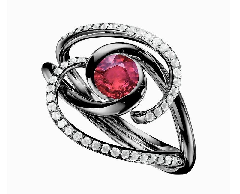 红宝石钻石二合一戒指套装 极简14k金炫黑戒指 结婚求婚戒指组合 - 戒指 - 贵金属 红色