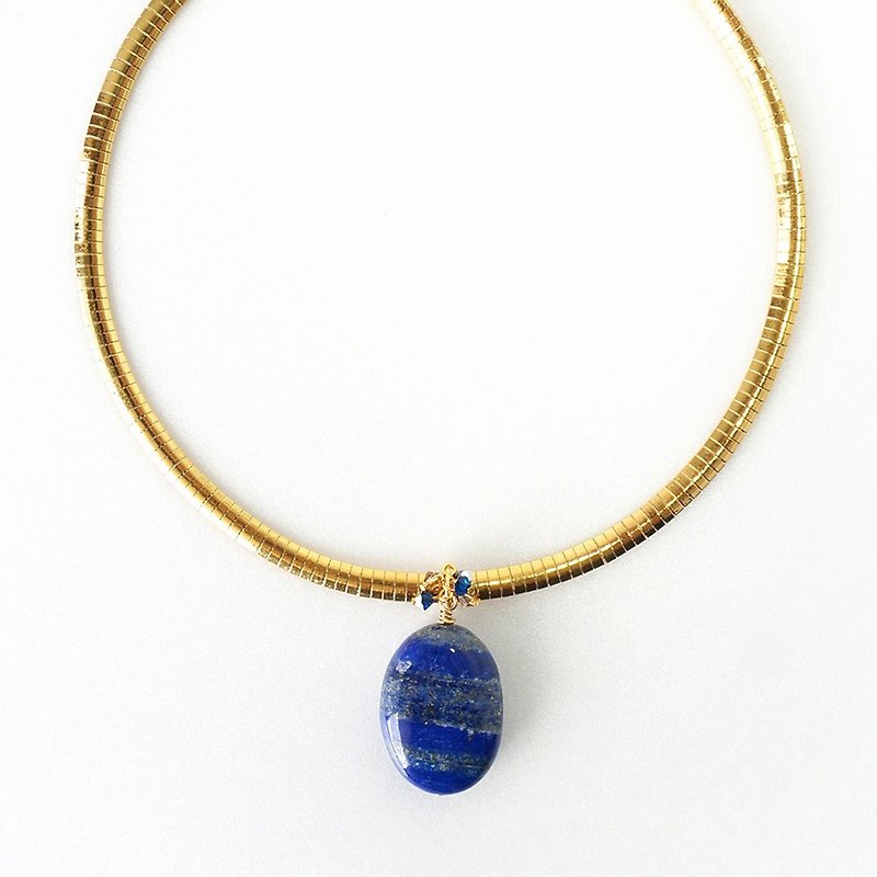 大颗蓝色青金石坠子项链, 18寸金色不锈钢链 - 项链 - 半宝石 蓝色