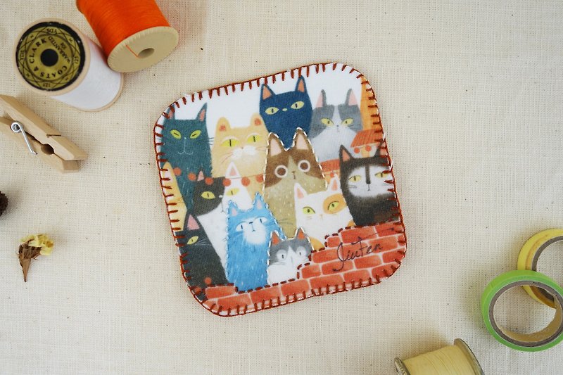 手缝布杯垫-猫咪叠叠乐 - 杯垫 - 聚酯纤维 多色