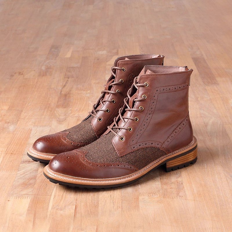 Vanger 优雅美型·英式复潮翼纹系带中筒靴 Va189咖 X 毛呢拼接 - 男款靴子 - 真皮 咖啡色