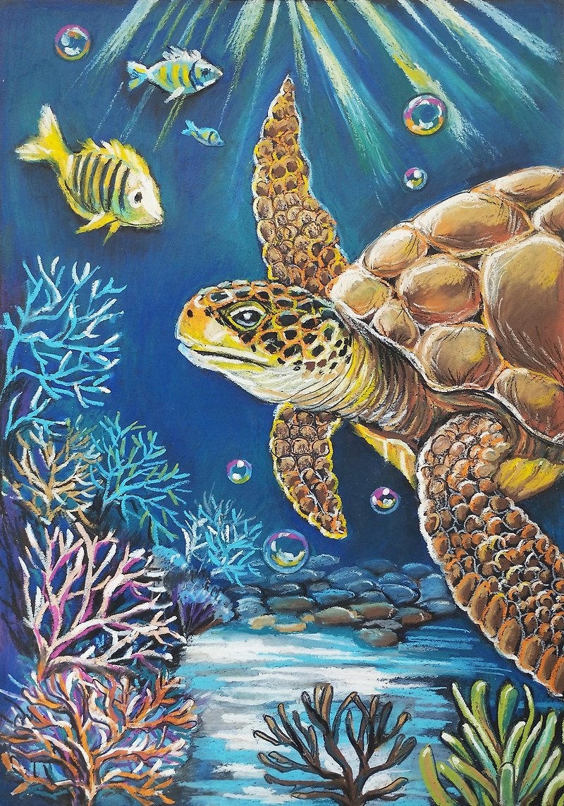 海龟粉彩原创艺术动物原创绘画艺术海底世界 - 墙贴/壁贴 - 纸 蓝色