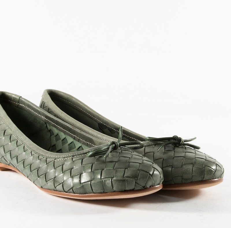 ITA BOTTEGA【Made in Italy】暗绿色编织平底娃娃鞋 - 芭蕾鞋/娃娃鞋 - 真皮 绿色