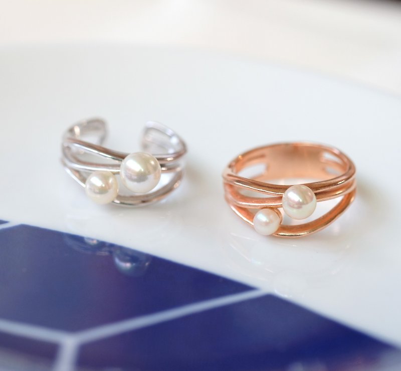 极简海波流线珍珠戒指 925纯银饰 玫瑰金银白二色可选 定制化戒围 - 戒指 - 纯银 粉红色