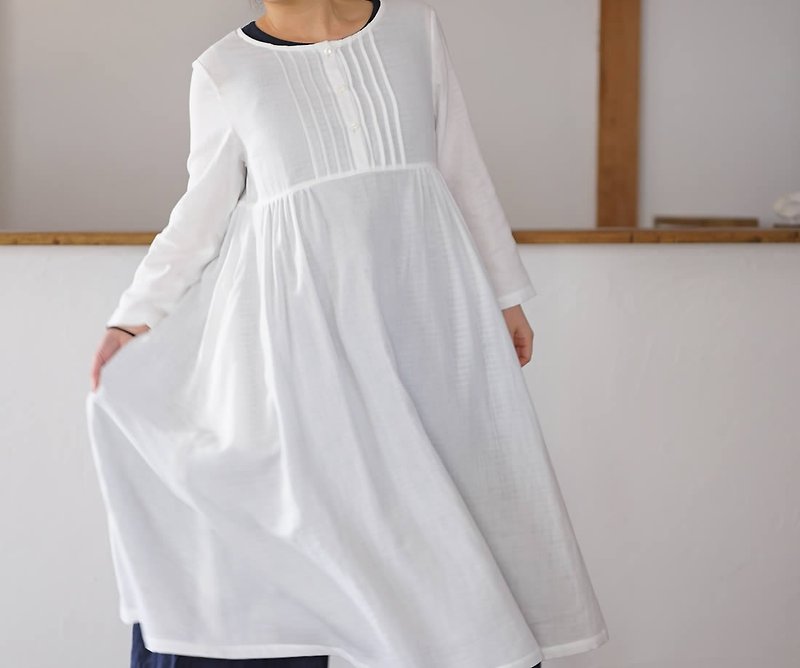 コットンワンピース Wガーゼ  ピンタックドレス /ホワイト a081g-wht2 - 洋装/连衣裙 - 棉．麻 白色
