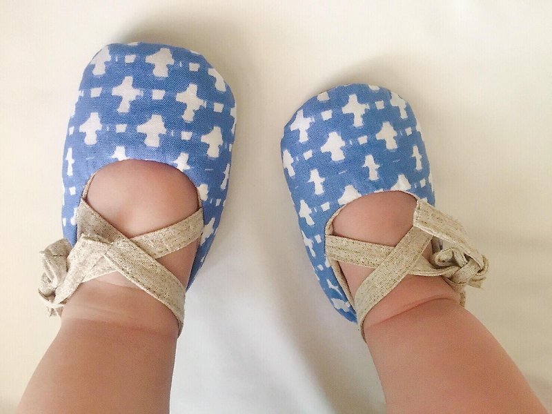 125日本蓝白十字X日本先染布手工绑带宝宝鞋婴儿鞋学步鞋 - 婴儿鞋 - 棉．麻 蓝色