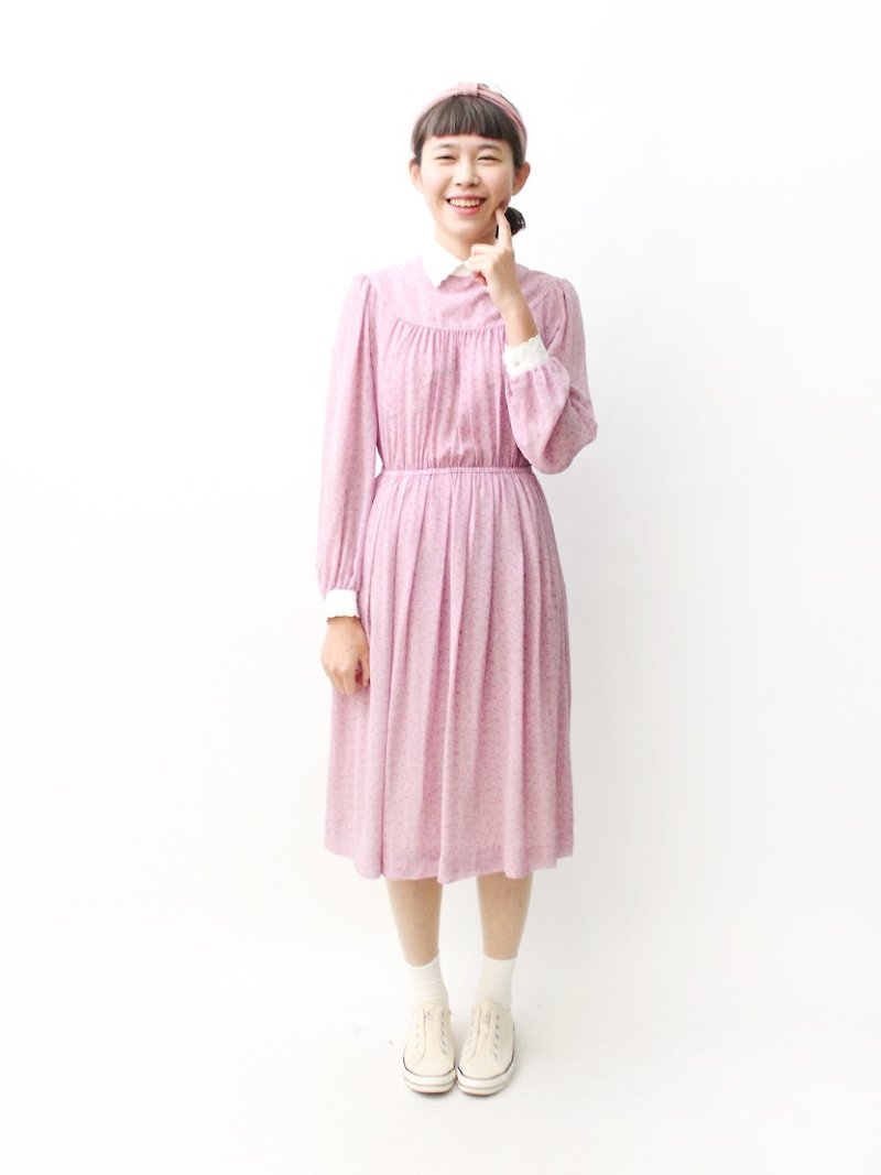 【RE0322D1045】森林系甜美刺绣拼接领粉色长袖春夏古着洋装 - 洋装/连衣裙 - 聚酯纤维 粉红色