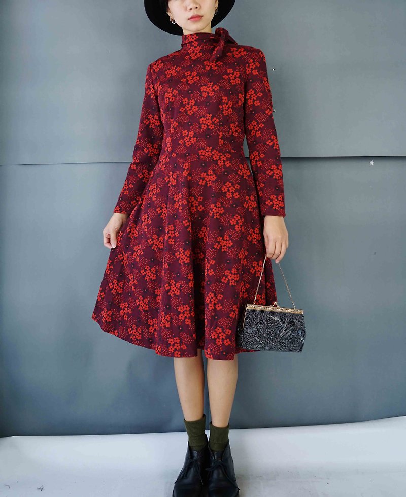 寻宝古着-昭和时代日式印花莓红绑带复古洋装 - 洋装/连衣裙 - 聚酯纤维 红色