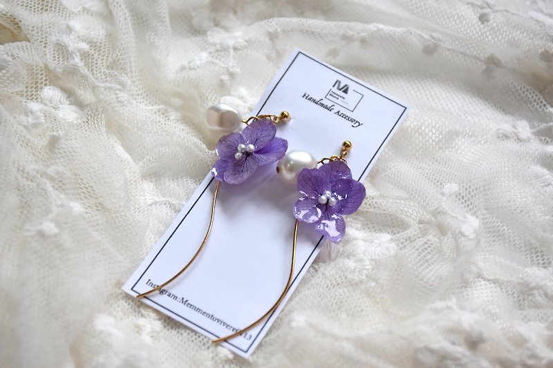 手作紫绣球花垂坠长条异性珍珠耳环 纯银耳环 夹式耳环 - 耳环/耳夹 - 植物．花 紫色