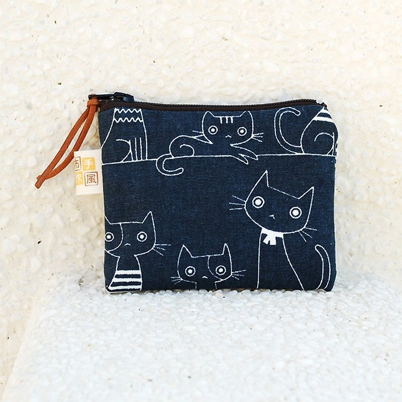 猫咪走钢索零钱袋 - 零钱包 - 棉．麻 蓝色
