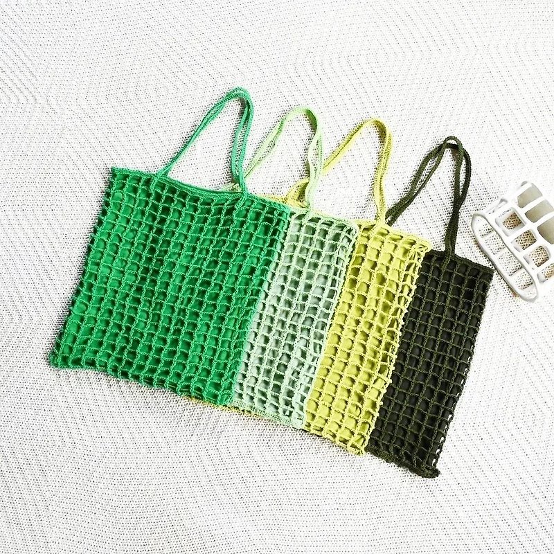 Grid Green tone linna crochet tote bag - 手提包/手提袋 - 棉．麻 绿色