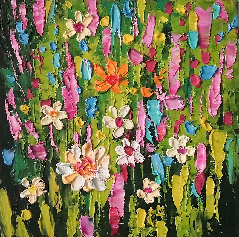 其他材质 海报/装饰画/版画 黄色 - Wildflower Painting Original Art Impasto Oil Painting Flower Artwork by Verafe
