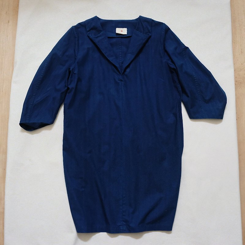 立体七分袖衬衫洋装 靛蓝 - 洋装/连衣裙 - 棉．麻 蓝色