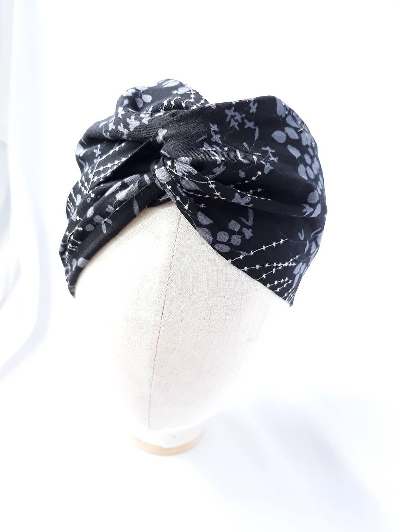 黑色花叶纹头巾领巾式手工发带 - 发带/发箍 - 棉．麻 黑色