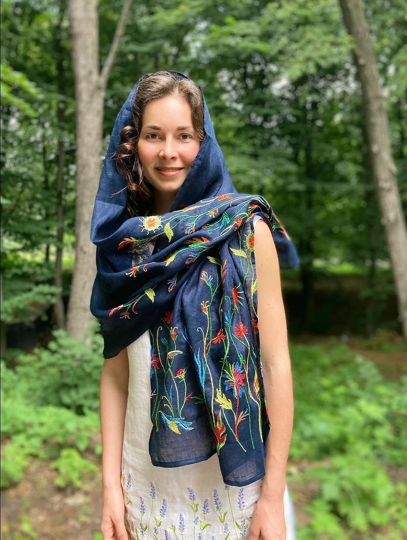 刺绣围巾, 夏季花卉围巾, 女士麻围巾, 长围巾 - 丝巾 - 棉．麻 蓝色