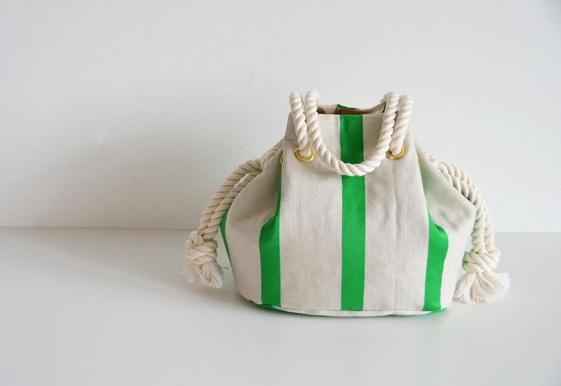 新作！ ヨーロッパリネン ストライプマリンバッグ グリーン - 手提包/手提袋 - 棉．麻 绿色