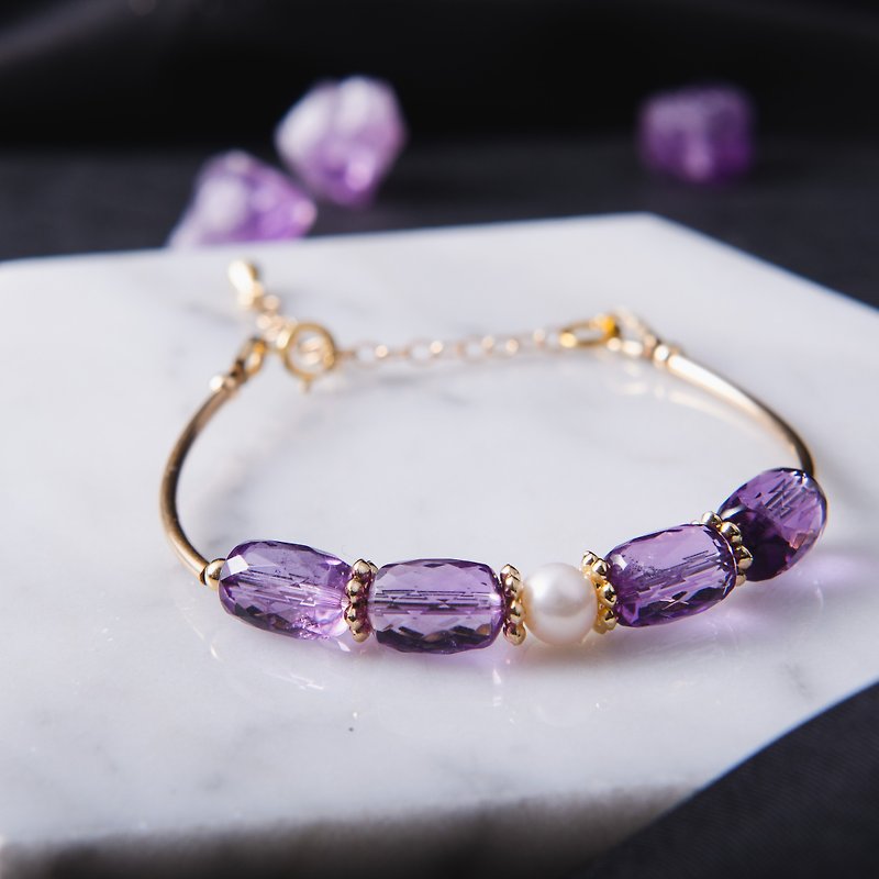 天然紫水晶珍珠手链 | 14K包金 | 天然水晶矿石设计手环 - 手链/手环 - 宝石 紫色