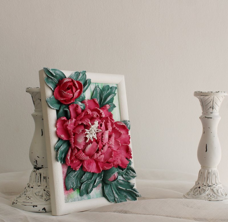 Peonies, decorative panel, sculptural painting, gift for her. - 墙贴/壁贴 - 其他材质 