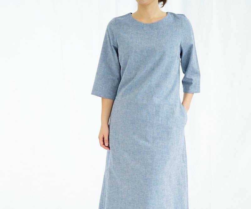 ウエストリボンのダンガリーワンピース a32-26 - 洋装/连衣裙 - 棉．麻 蓝色
