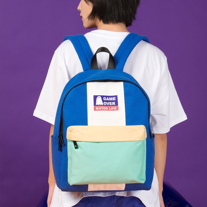 KIITOS东京爱情新款撞色刺绣印花后背包--蓝色GAME OVER款双肩包 - 后背包/双肩包 - 棉．麻 蓝色