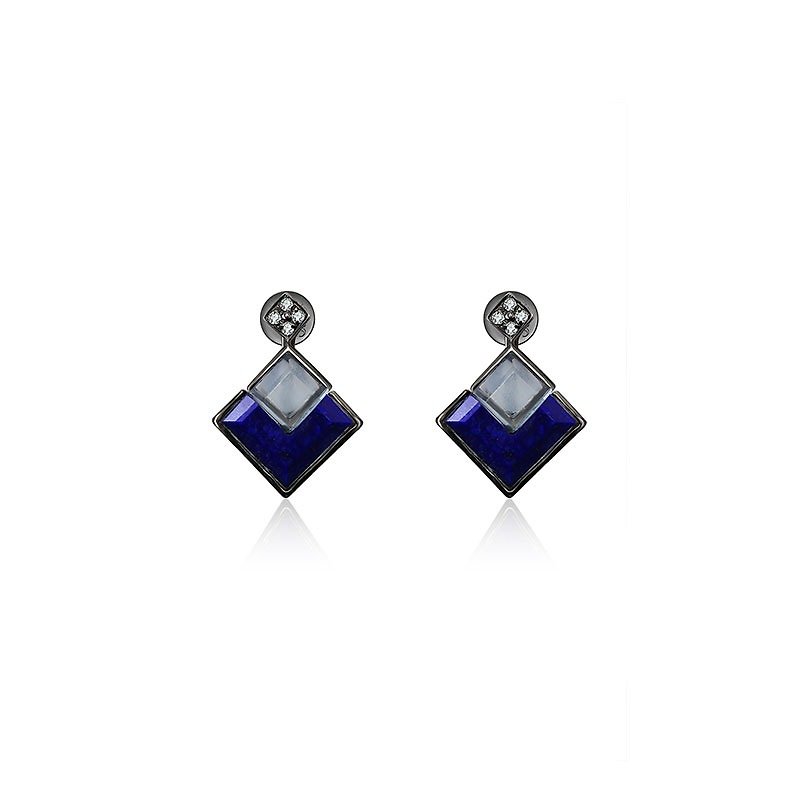 18k方形青金石及蓝晶钻石耳环 - 耳环/耳夹 - 其他金属 蓝色