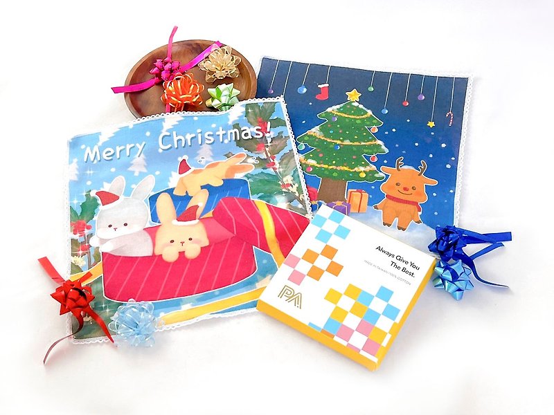 【圣诞礼盒组】送礼首选::质感圣诞系列小方巾2条入-麋鹿+兔兔 - 手帕/方巾 - 棉．麻 多色