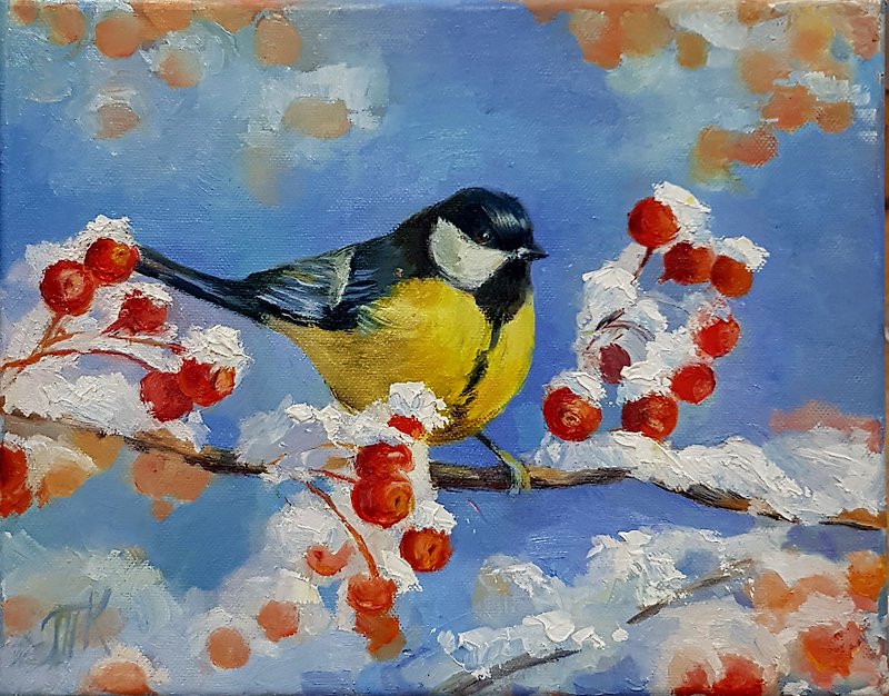 Bird Oil Painting Chickadee Original artwork Canvas Art Hanging pictures - 海报/装饰画/版画 - 其他材质 蓝色