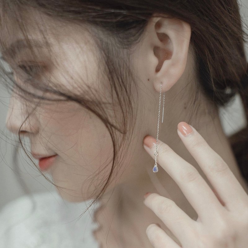 月光石925纯银水滴耳线 - 耳环/耳夹 - 宝石 银色