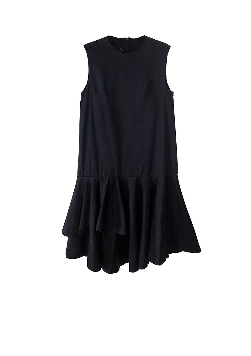 Mani Mina Black Midi Dress Double Frill Skirt. - 洋装/连衣裙 - 棉．麻 