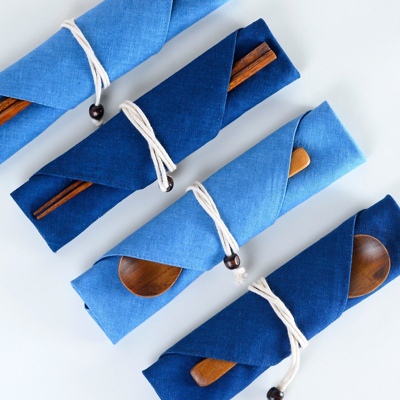 Balmy专属订单 餐具组-蓝染布包 原木餐具组 - 餐刀/叉/匙组合 - 木头 蓝色