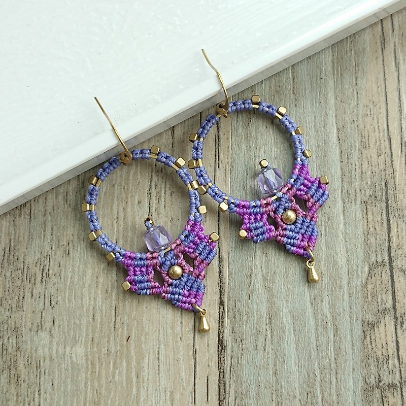 A96- 波希米亚风 民族风南美蜡线编织耳环 (耳勾 / 耳夹) - 耳环/耳夹 - 其他材质 紫色
