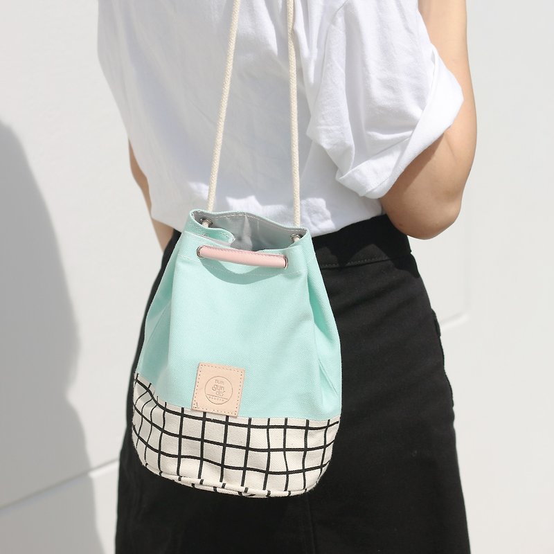 Mini Bucket Bag canvas fabric small size mint colour and grid pattern