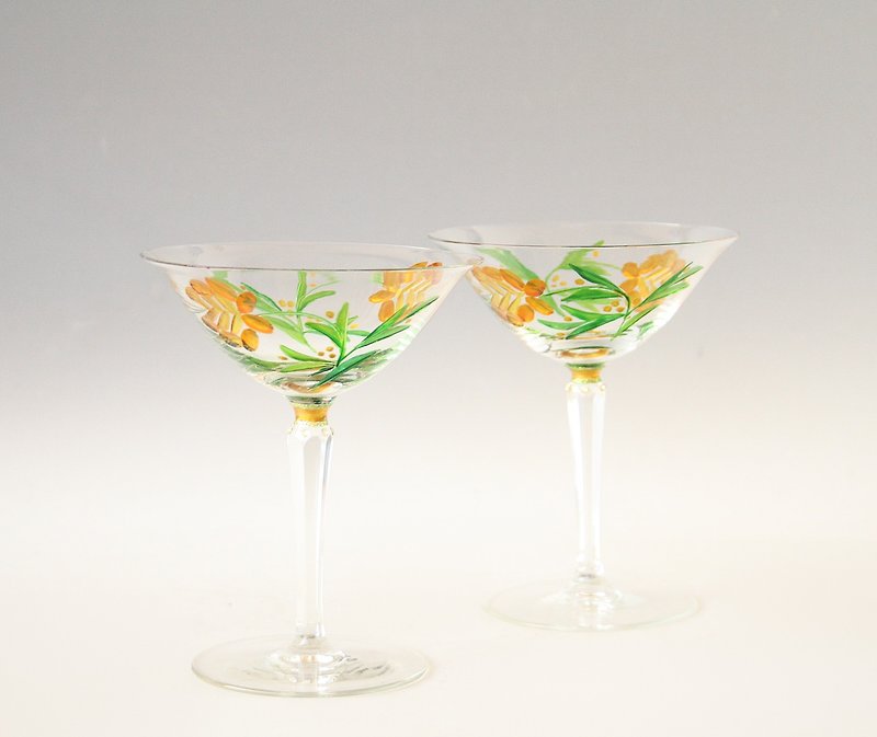 Martini Glasses, Crystal Glasses, Hand Painted set of 2 - 酒杯/酒器 - 玻璃 绿色