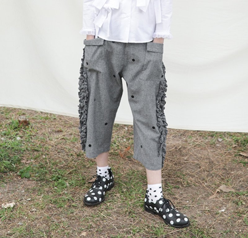 灰色侧花休闲裤 - imakokoni - 女装长裤 - 棉．麻 黑色